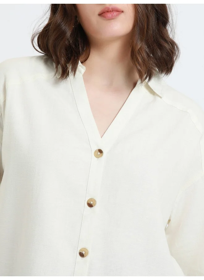 دينيس لينغو Offwhite Shirt for Women - Cotton Viscose Flex, Regular Fit