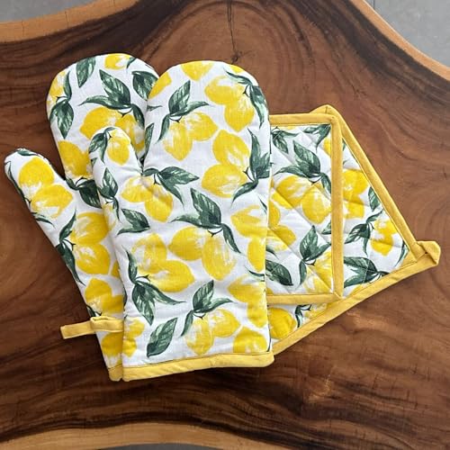 Oak & Lily Combo Set of Oven Mittens & Pot Holders | 100% Cotton | Heat Resistant & Cushioned | Washable | European Quality | for Cooking, Baking, BBQ & Microwave Use (Lemon Print) - Image 1