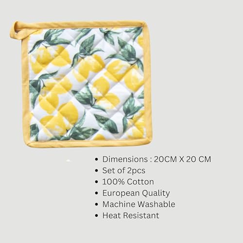 Oak & Lily Combo Set of Oven Mittens & Pot Holders | 100% Cotton | Heat Resistant & Cushioned | Washable | European Quality | for Cooking, Baking, BBQ & Microwave Use (Lemon Print) - Image 4