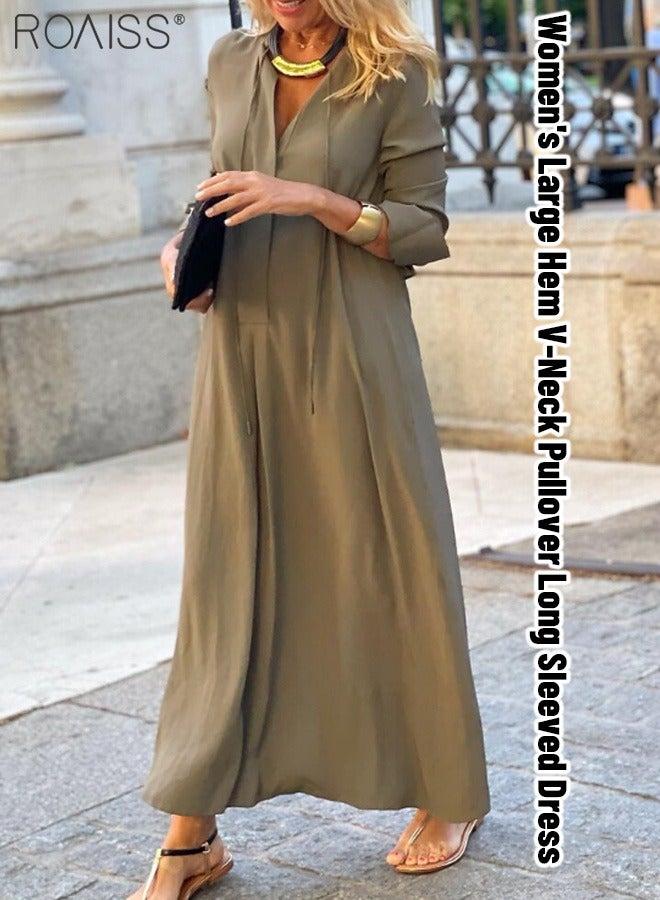 roaiss Women's Loose Casual Dress Solid Color Lapel Long Sleeve Design Classic V Neck Ankle Length Shirt Dress - Image 1