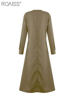 roaiss Women's Loose Casual Dress Solid Color Lapel Long Sleeve Design Classic V Neck Ankle Length Shirt Dress  - Image 3