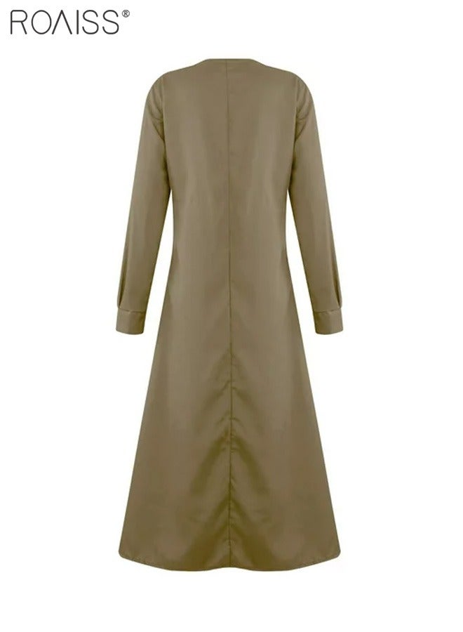 roaiss Women's Loose Casual Dress Solid Color Lapel Long Sleeve Design Classic V Neck Ankle Length Shirt Dress - Image 3
