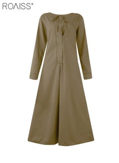 roaiss Women's Loose Casual Dress Solid Color Lapel Long Sleeve Design Classic V Neck Ankle Length Shirt Dress  - Image 2