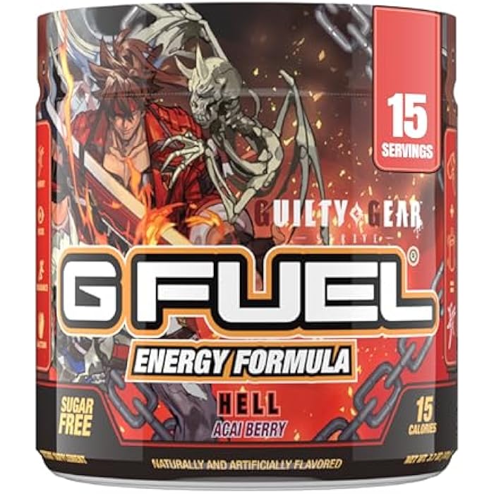 G Fuel Guilty Gear Hell Energy Drink Powder, Pre Workout Caffeine Mix for Gaming, Sugar Free Focus Amino, Vitamin + Antioxidants, 3.7oz (Acai Berry, 15 Servings)