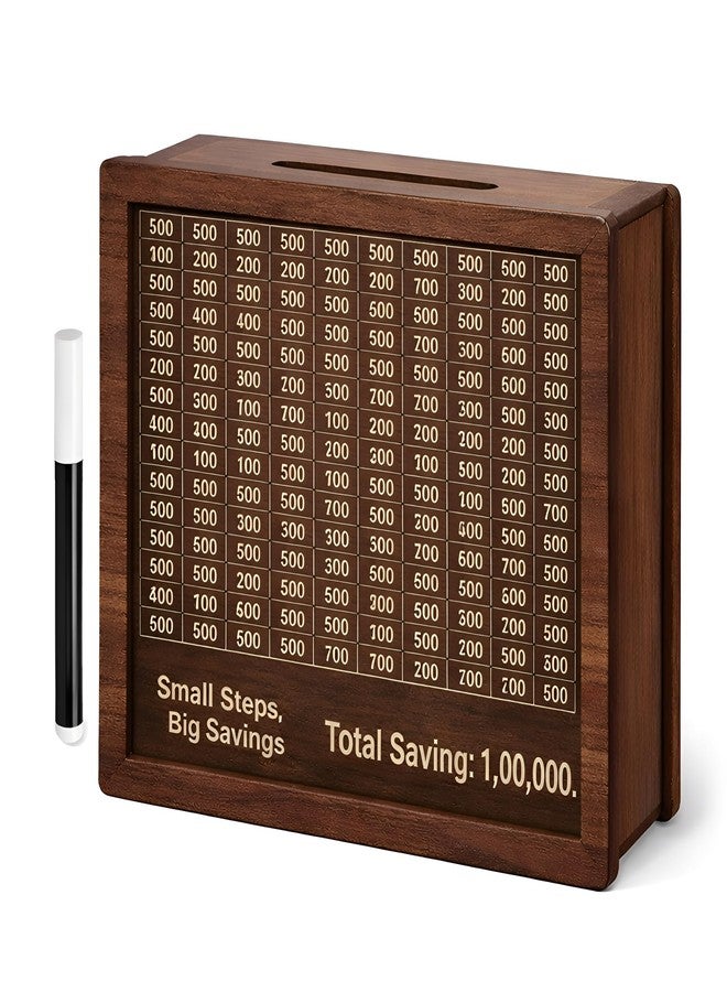 PulGos Wooden Money Saving Box with Marker | ₹1,00,000 (1 Lakh) Savings Challenge Piggy Bank | Reusable Savings Tracker Gullak for Kids & Adults | Coin & Cash Deposit Money Bank for Home Use - Image 1