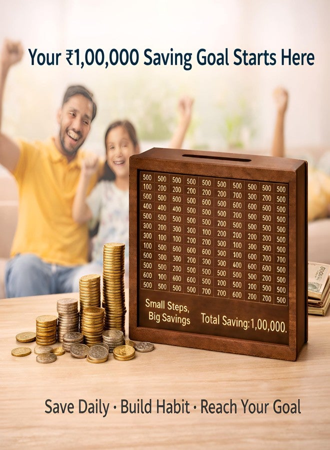 PulGos Wooden Money Saving Box with Marker | ₹1,00,000 (1 Lakh) Savings Challenge Piggy Bank | Reusable Savings Tracker Gullak for Kids & Adults | Coin & Cash Deposit Money Bank for Home Use - Image 5