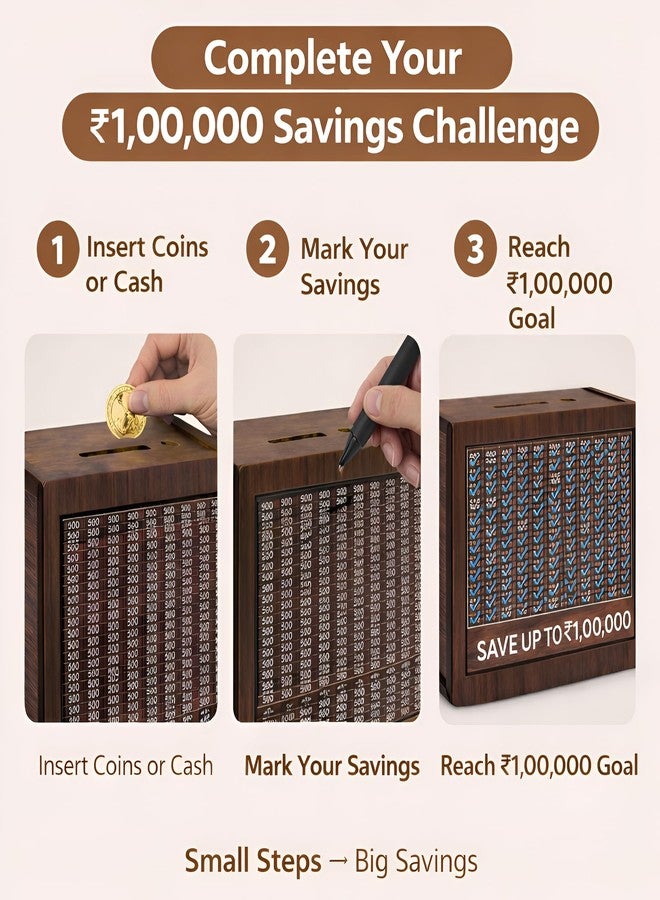 PulGos Wooden Money Saving Box with Marker | ₹1,00,000 (1 Lakh) Savings Challenge Piggy Bank | Reusable Savings Tracker Gullak for Kids & Adults | Coin & Cash Deposit Money Bank for Home Use - Image 3