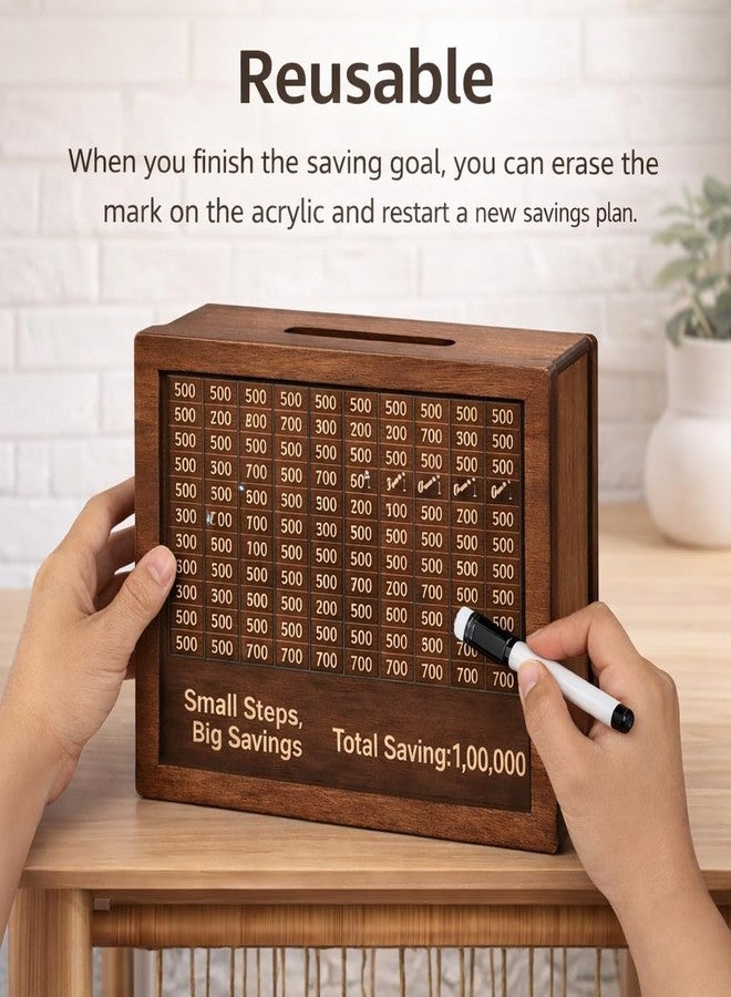 PulGos Wooden Money Saving Box with Marker | ₹1,00,000 (1 Lakh) Savings Challenge Piggy Bank | Reusable Savings Tracker Gullak for Kids & Adults | Coin & Cash Deposit Money Bank for Home Use - Image 4