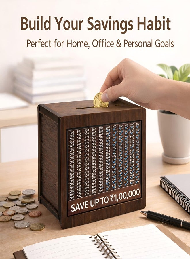 PulGos Wooden Money Saving Box with Marker | ₹1,00,000 (1 Lakh) Savings Challenge Piggy Bank | Reusable Savings Tracker Gullak for Kids & Adults | Coin & Cash Deposit Money Bank for Home Use - Image 2