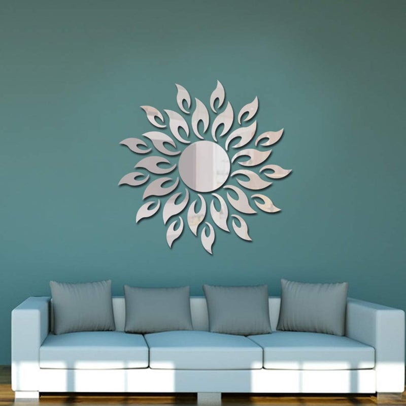 JUMRHFAN 3D Sunflower Mirror Wall Stickers Round Acrylic Living Room Bedroom TV Background Wall Decals Marriage Room Entrance Home Decor Silver