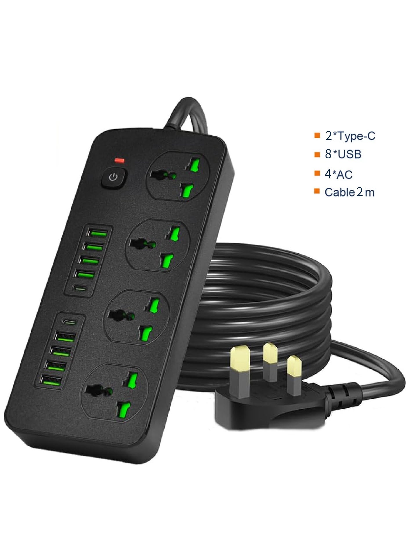 Surge Protector Power Strip Flat Plug Extension Cord With 4 Outlets And 8 USB Ports And 2 Type-C Ports,2M Power Cord(3000W/16A/110V-265V)PC Flame Retardant Material,Pure Copper Core