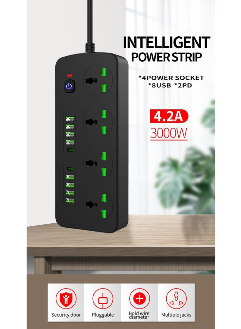 روك بو حامي الطاقة الشريط مسطح التوصيل امتداد الحبل مع 4 منافذ و 8 موانئ USB و 2 موانئ نوع-C، 2M سلك الطاقة (3000W / 16A / 110V-265V) كمبيوتر كمبيوتر كمبيوتر كمبيوتر كمبيوتر كمبيوتر كمبيوتر كمبيوتر كمبيوتر كمبيوتر كمبيوتر كمبيوتر كمبيوتر كمبيوتر - Image 3