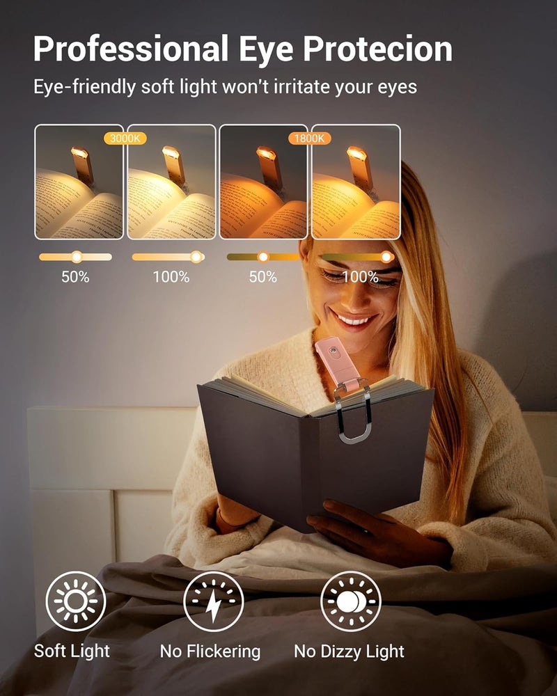DEWENWILS USB Rechargeable Book Light for Reading in Bed, Clip-on LED Reading Lamps Portable Bookmark Lights for Kids, Book Lovers, 4 Brightness Adjustable for Eye Protection (Light Pink) - Image 2