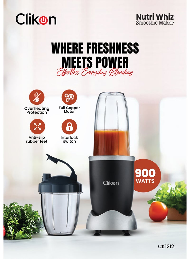 Clikon Nutri Whiz Smoothie Maker & Nutrient Extractor Powerful Motor, 6-Blade Titanium Coated Extractor, 2 Versatile BPA-Free Jars, High-Speed Blender for Shakes, Smoothies & Ice Crushing 950 ml 900 W CK1212 Black/Grey - Image 1