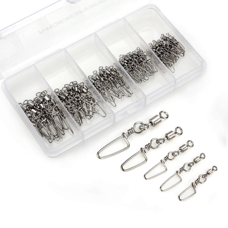 MOBOREST 110PCS Stainless Steel Barrel Snap Swivel Fishing Accessories, Premium Fishing Gear Equipment with Ball Bearing Swivels Snaps Connector for Quick Connect Fishing Lures - Image 1