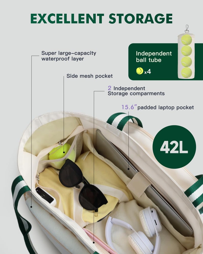Movker Tennis Bag for Women Men Tote Bag with Shoe Compartment & Wet Pocket, Fits 2 Rackets & 15.6â€ Laptop, Durable Sports Gym Overnight Weekender Bag with Fence Hook(Beige-green) - Image 4