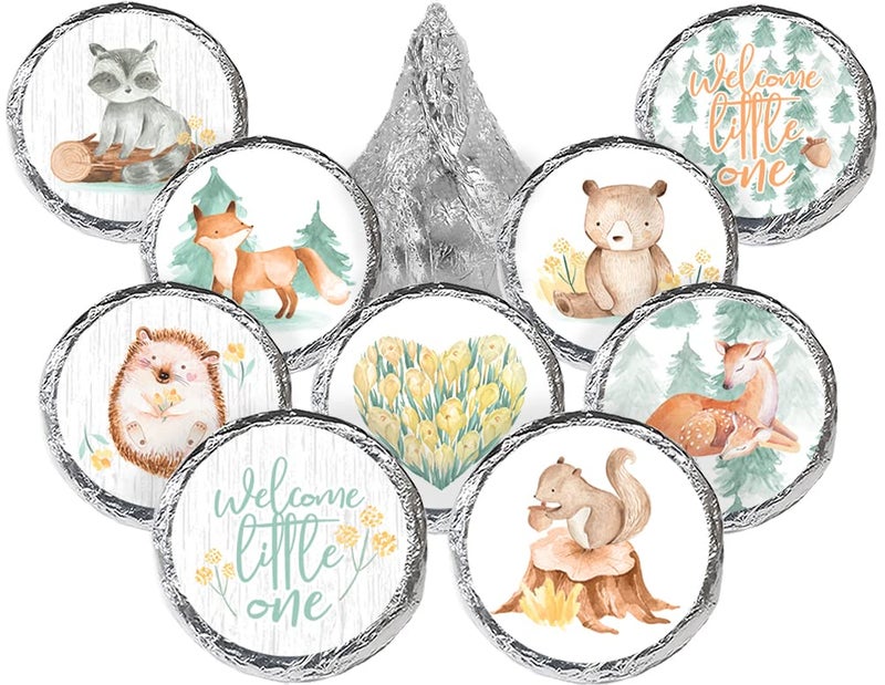 DISTINCTIVS Woodland Baby Shower Favor Stickers - Watercolor Creatures Chocolate Kisses Party Favor Candy Labels - 180 Count - Image 1