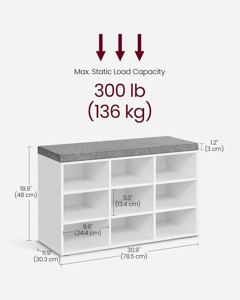 VASAGLE CUSTOS Collection - Shoe Bench, Storage Bench with Padded Seat, Entryway Bench with 9 Compartments, for Bedroom, 11.9 x 30.9 x 18.9 Inches, Cloud White and Dove Gray ULHS009W14 - Image 3