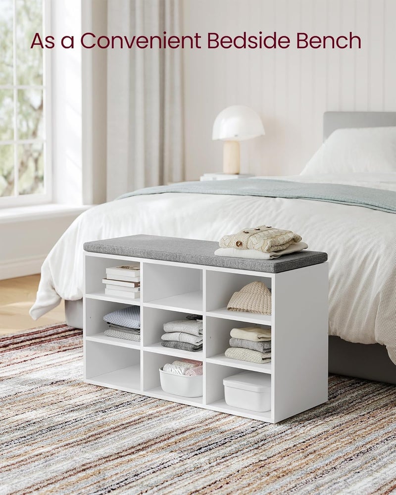 VASAGLE CUSTOS Collection - Shoe Bench, Storage Bench with Padded Seat, Entryway Bench with 9 Compartments, for Bedroom, 11.9 x 30.9 x 18.9 Inches, Cloud White and Dove Gray ULHS009W14 - Image 4