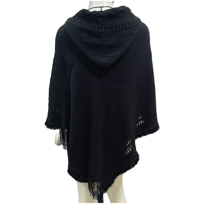 Women's Hooded Cape Poncho with Hollow-Out Tassel Design, Loose Fit, Plus Size, Street Style