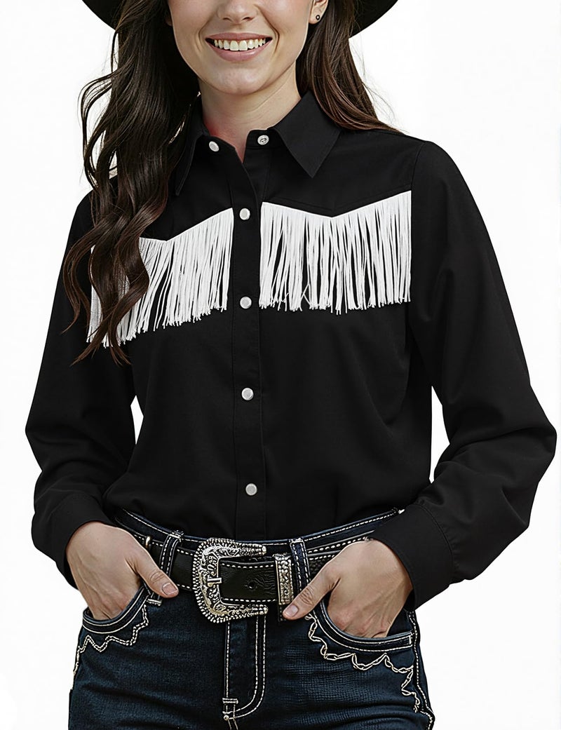 Noomelfish Women's Fringe Western Shirt Pearl Snap Button Down Cowgirl Long Sleeve Blouse Tops, Black, Small - Image 3