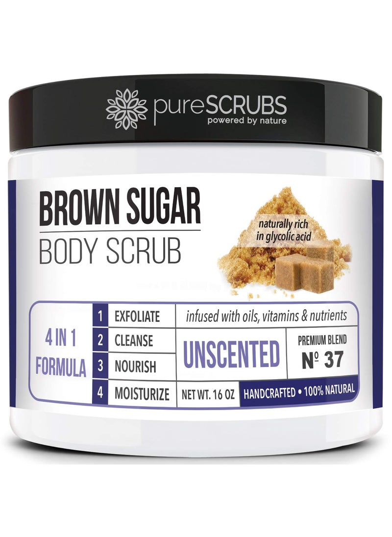 pureSCRUBS - pureSCRUBS Premium Unscented Brown Sugar Body Scrub | Large 16oz Jar | Face, Feet & Full Body Scrub | Includes Wooden Spoon, Loofah & Mini Exfoliating Bar Soap - Image 1