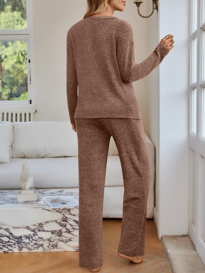 LILLUSORY Womens 2 Piece Lounge Sets Winter Outfits 2026 Sweatsuit Matching Pjs Airport Vacation Travel Fall Pajamas Fashion Chocolate Brown M - Image 4