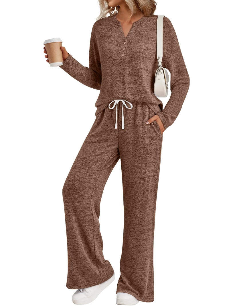 LILLUSORY Womens 2 Piece Lounge Sets Winter Outfits 2026 Sweatsuit Matching Pjs Airport Vacation Travel Fall Pajamas Fashion Chocolate Brown M - Image 1