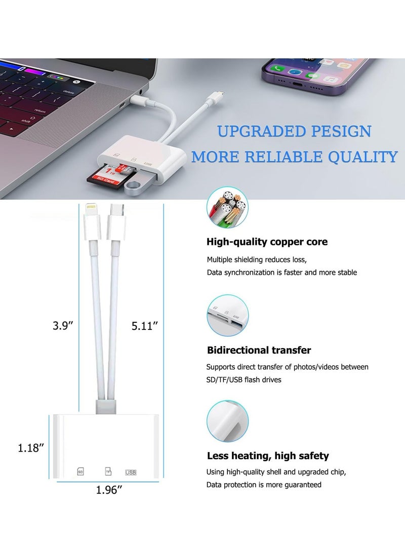 Camera Memory Card Reader,SD Card Reader for iPhone, iPad, USB C and Lightning Dual Port SD Card Adapter, Memory Card Reader for Camera Adapter, Support SD, Micro SD, USB 3.0, No App Driver Required