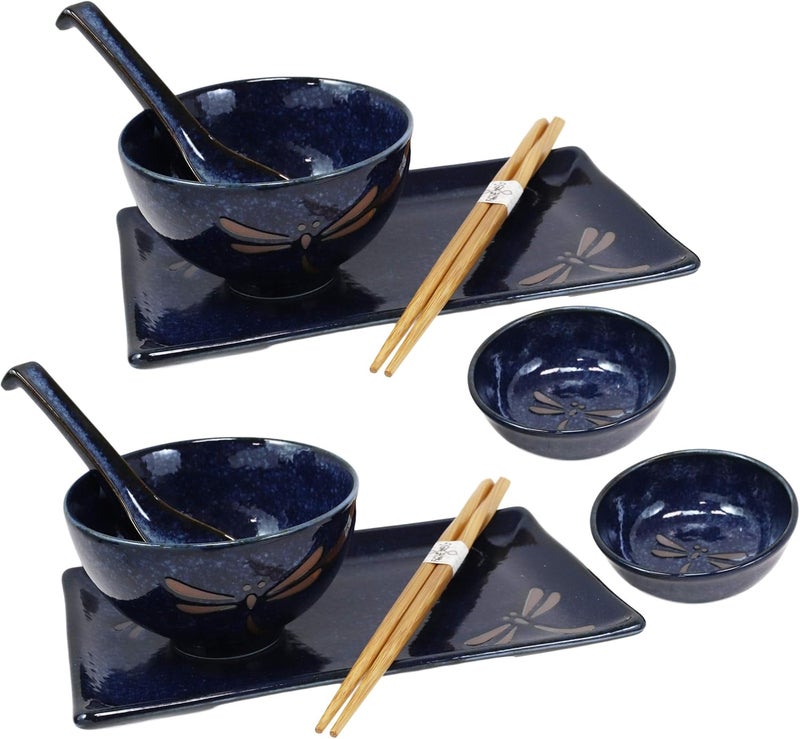 Ebros Gift Japanese Mino Ware Tombo Dragonfly Blue Porcelain Sushi Dinnerware 10pc Set For 2 People Pairs of Sushi Plates Soup And Sauce Bowls Bamboo Chopsticks Asian Soup Spoons Housewarming Gift - Image 1