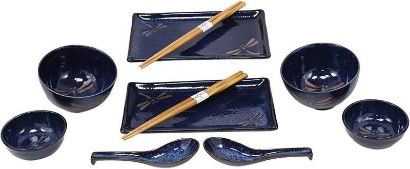 Ebros Gift Japanese Mino Ware Tombo Dragonfly Blue Porcelain Sushi Dinnerware 10pc Set For 2 People Pairs of Sushi Plates Soup And Sauce Bowls Bamboo Chopsticks Asian Soup Spoons Housewarming Gift - Image 3