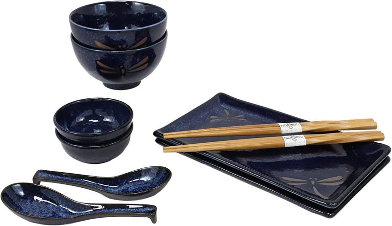 Ebros Gift Japanese Mino Ware Tombo Dragonfly Blue Porcelain Sushi Dinnerware 10pc Set For 2 People Pairs of Sushi Plates Soup And Sauce Bowls Bamboo Chopsticks Asian Soup Spoons Housewarming Gift - Image 2