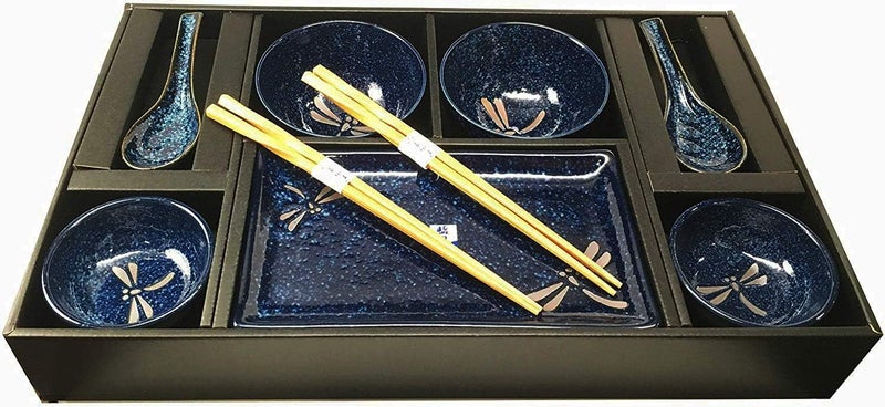 Ebros Gift Japanese Mino Ware Tombo Dragonfly Blue Porcelain Sushi Dinnerware 10pc Set For 2 People Pairs of Sushi Plates Soup And Sauce Bowls Bamboo Chopsticks Asian Soup Spoons Housewarming Gift - Image 4