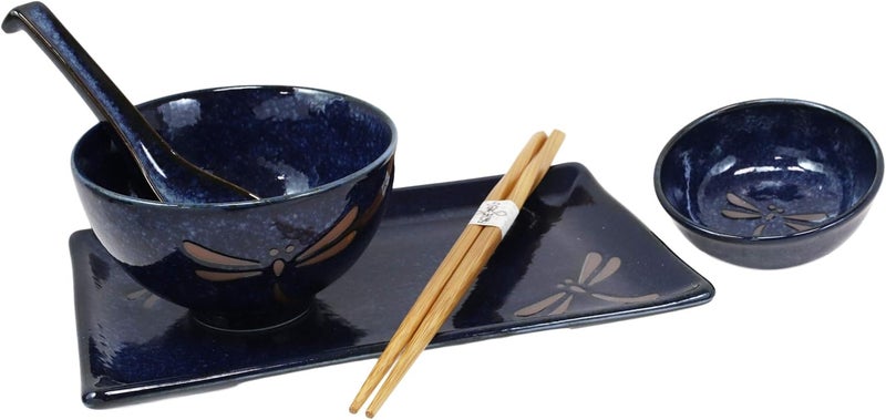Ebros Gift Japanese Mino Ware Tombo Dragonfly Blue Porcelain Sushi Dinnerware 10pc Set For 2 People Pairs of Sushi Plates Soup And Sauce Bowls Bamboo Chopsticks Asian Soup Spoons Housewarming Gift - Image 5