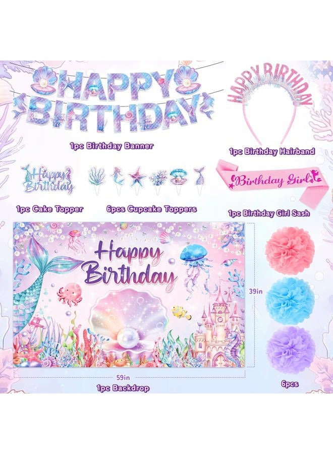 REDWORD Mermaid Birthday Decorations, 41Pcs Mermaid Party Supplies Include Hanging Jelly Fish Paper Lanterns Backdrop Balloons Cupcake Toppers Birthday Sash and Headband for Girls Women Birthdays Decorations - Image 2