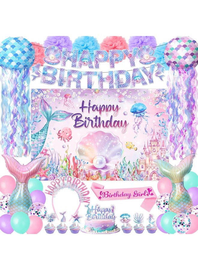 REDWORD Mermaid Birthday Decorations, 41Pcs Mermaid Party Supplies Include Hanging Jelly Fish Paper Lanterns Backdrop Balloons Cupcake Toppers Birthday Sash and Headband for Girls Women Birthdays Decorations - Image 1