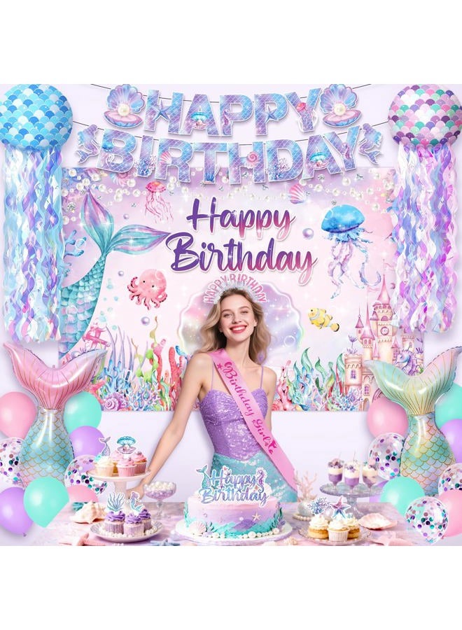 REDWORD Mermaid Birthday Decorations, 41Pcs Mermaid Party Supplies Include Hanging Jelly Fish Paper Lanterns Backdrop Balloons Cupcake Toppers Birthday Sash and Headband for Girls Women Birthdays Decorations - Image 5