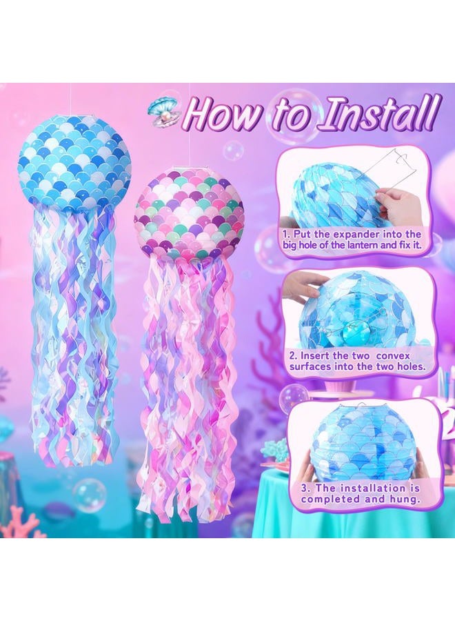 REDWORD Mermaid Birthday Decorations, 41Pcs Mermaid Party Supplies Include Hanging Jelly Fish Paper Lanterns Backdrop Balloons Cupcake Toppers Birthday Sash and Headband for Girls Women Birthdays Decorations - Image 4