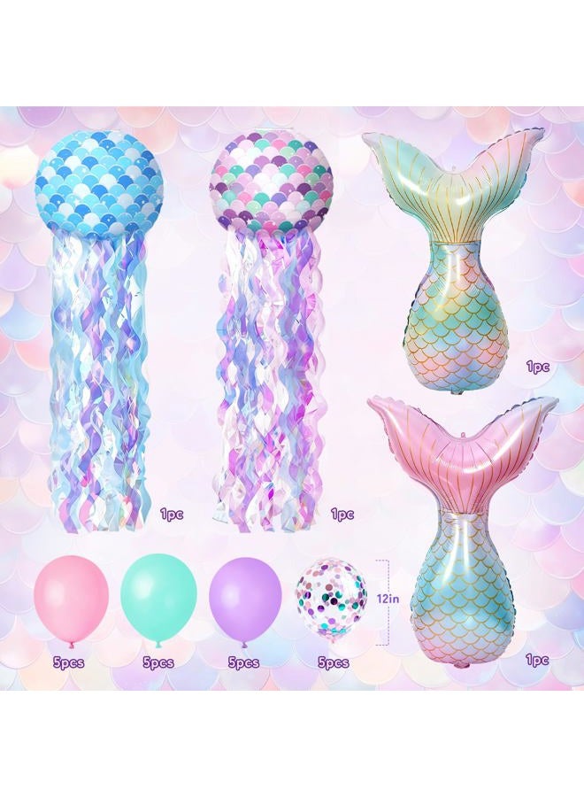 REDWORD Mermaid Birthday Decorations, 41Pcs Mermaid Party Supplies Include Hanging Jelly Fish Paper Lanterns Backdrop Balloons Cupcake Toppers Birthday Sash and Headband for Girls Women Birthdays Decorations - Image 3