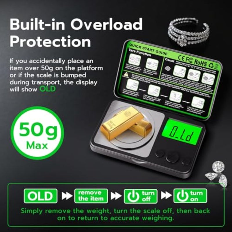 Digital Milligram Scale 50g x 0.001g, Ultra-Precision Pocket Micro Scale with Tare and Backlit LCD, Calibration Weight Included, for Gold, Jewelry, Lab, Accurate Weighing Device - Image 2