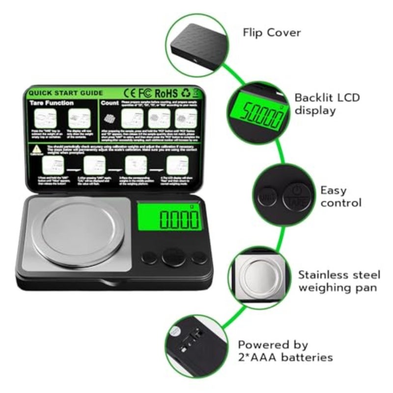 Digital Milligram Scale 50g x 0.001g, Ultra-Precision Pocket Micro Scale with Tare and Backlit LCD, Calibration Weight Included, for Gold, Jewelry, Lab, Accurate Weighing Device - Image 3