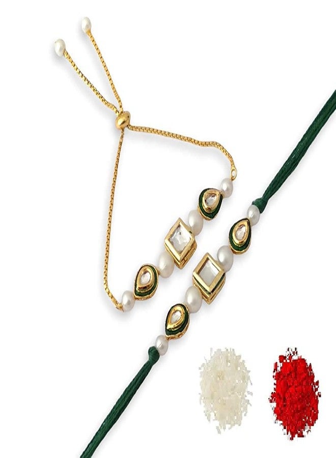 meryCraft Unisex Adult Designer Fancy Traditional Rakhi For Bro/Brother/Bhaiya/Bhai/Bhabhi (Pack Of 2) Rakshabandan Rakhe Kundan Stone Rakhee Bracelet Rakshasutra (Mci-R-179) - Image 1