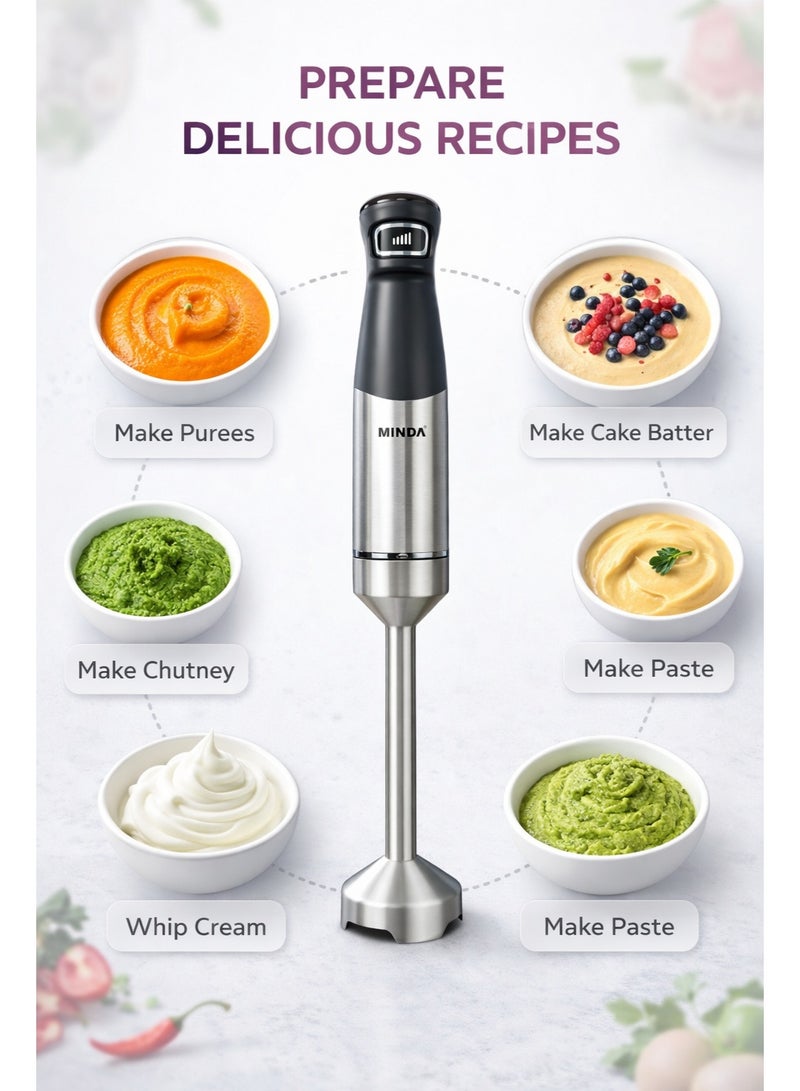 Minda Hand Blender 1000W Powerful Motor – Stainless Steel Blade Stick Blender, One-Touch Control, Lightweight & Compact Design – Ideal for Smoothies, Shakes, Baby Food, Soups & Sauces - Image 4