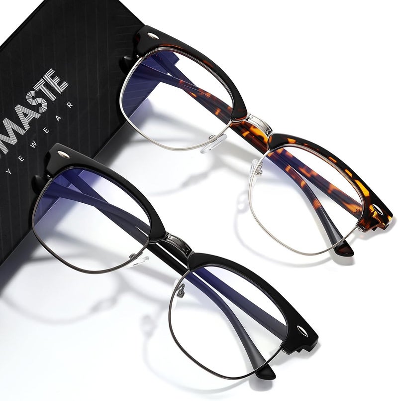 AOMASTE Store Blue Light Blocking Glasses Vintage Half Frame UV Clear Lens Anti Eyestrain Computer Gaming Glasses for Women Men (F09-yellow Tortoise+matte Black Silver) - Image 1