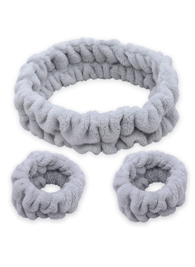 FROG SAC FROG SAC Spa Headband and Wristbands for Face Washing, Fuzzy Skincare Make Up Headbands Set for Women, Soft Puffy Makeup Skin Care Facewashing Hair Band Accessories for Girls (Gray) 