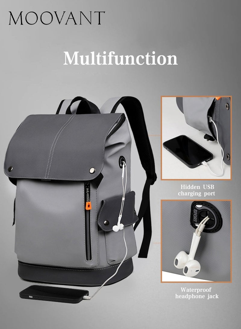 Moovant Vintage Leather Backpack Fit 15.6 inch Laptop, Waterproof Large School Casual Bookbag, Work College Travel Smooth Zipper Backpack for Men Grey - Image 3
