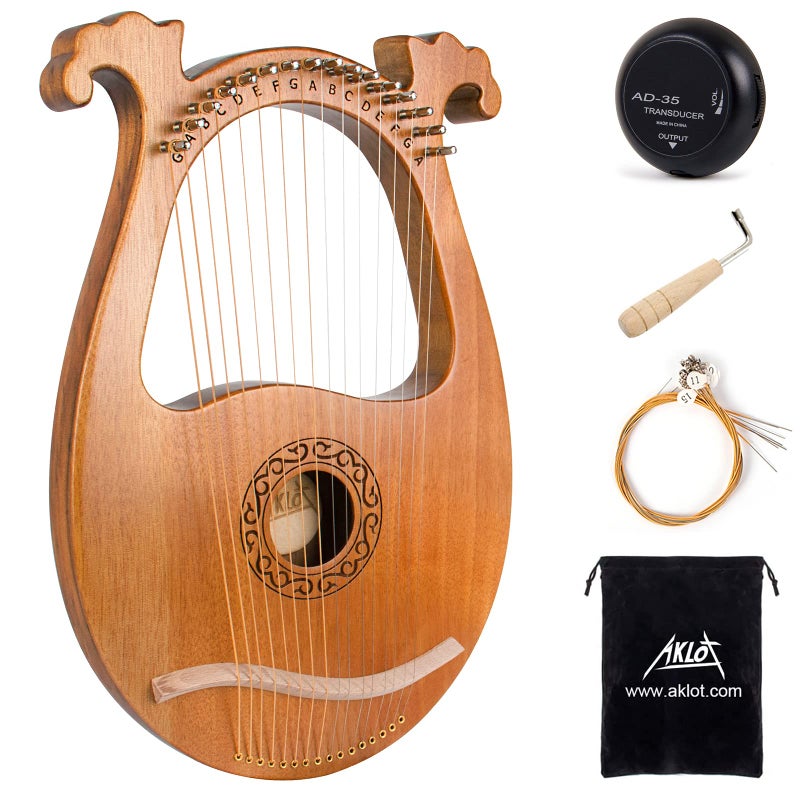 AKLOT Lyre Harp, AKLOT 16 Metal Strings Mahogany Body Lyra Harp with Maple Saddle Carved Note Tuning Wrench Pickup Strings and Black Gig Bag - Image 1