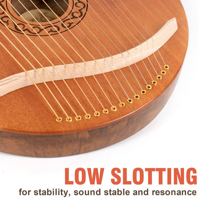 AKLOT Lyre Harp, AKLOT 16 Metal Strings Mahogany Body Lyra Harp with Maple Saddle Carved Note Tuning Wrench Pickup Strings and Black Gig Bag - Image 5