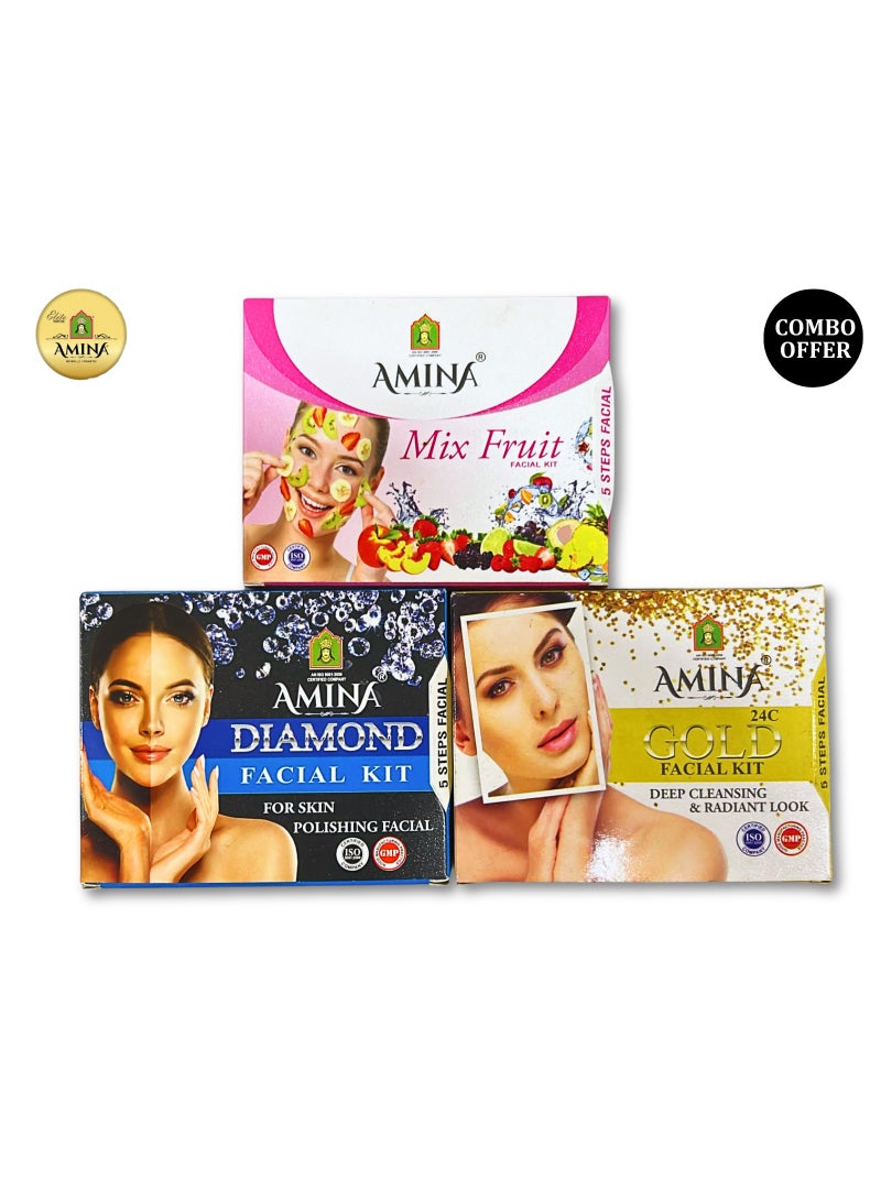 Amina Mixed Fruit, 24k Gold, Diamond Facial Kit for Glowing Skin, 5 Steps - Image 1