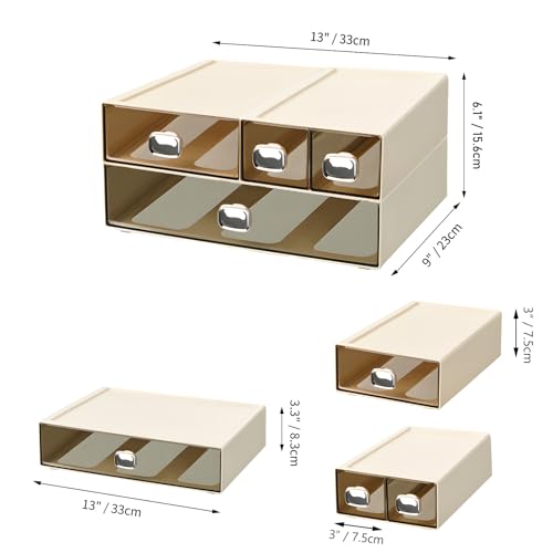 OSteed Spacious Desktop Storage Box, 1 Large 1 Middle & 2 Small Storage Drawers, Stackable Office Desk Drawer Organizer and Accessories, Printer Paper Organizer, Cream Plastic Drawers for Workspace - Image 3